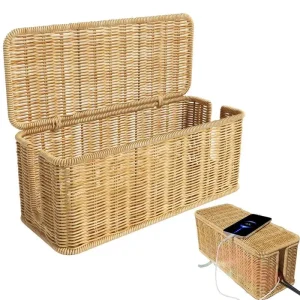 Hand-Woven Rattan Cable Hider Box Organizer